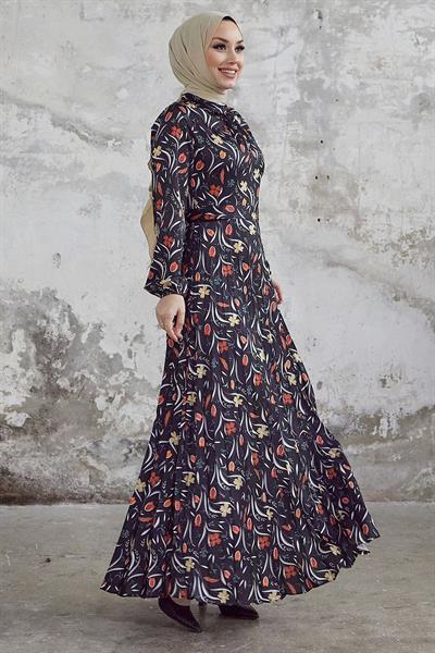 Seba Çiçek Desen Piliseli Saten Elbise - Siyah