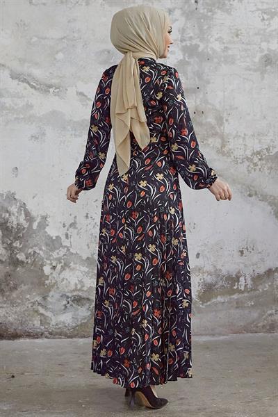 Seba Çiçek Desen Piliseli Saten Elbise - Siyah