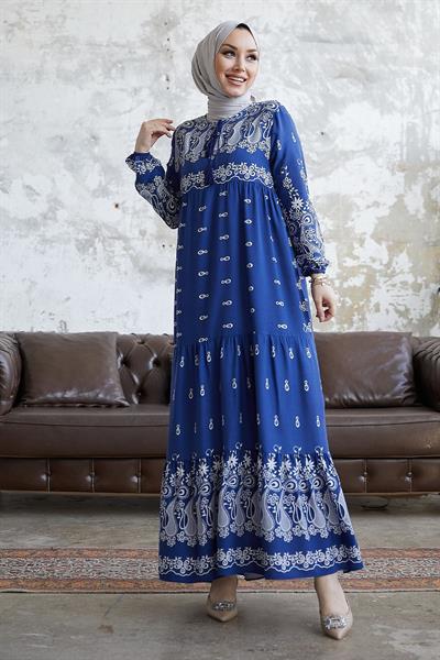Selva Önü Püsküllü Desenli İndigo Viskon Elbise