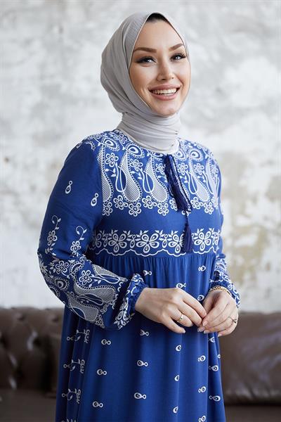 Selva Önü Püsküllü Desenli İndigo Viskon Elbise