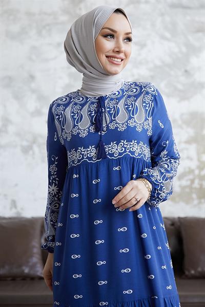Selva Önü Püsküllü Desenli İndigo Viskon Elbise