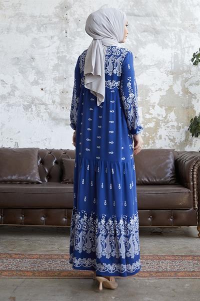 Selva Önü Püsküllü Desenli İndigo Viskon Elbise