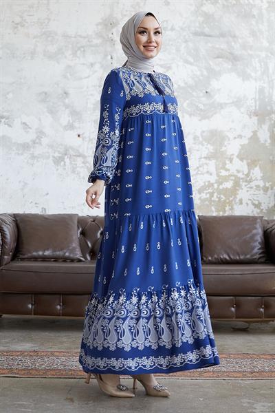 Selva Önü Püsküllü Desenli İndigo Viskon Elbise