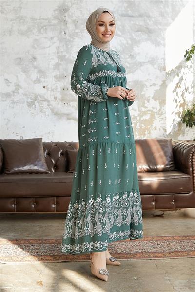 Selva Önü Püsküllü Desenli Mint Viskon Elbise