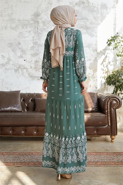 Selva Önü Püsküllü Desenli Mint Viskon Elbise