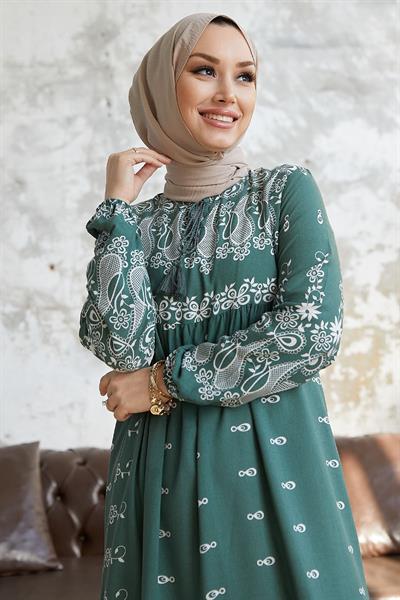 Selva Önü Püsküllü Desenli Mint Viskon Elbise