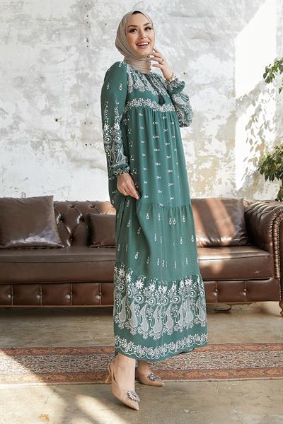 Selva Önü Püsküllü Desenli Mint Viskon Elbise