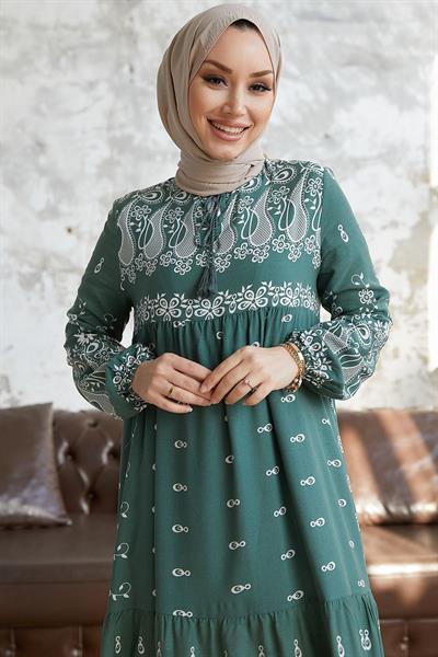 Selva Önü Püsküllü Desenli Mint Viskon Elbise