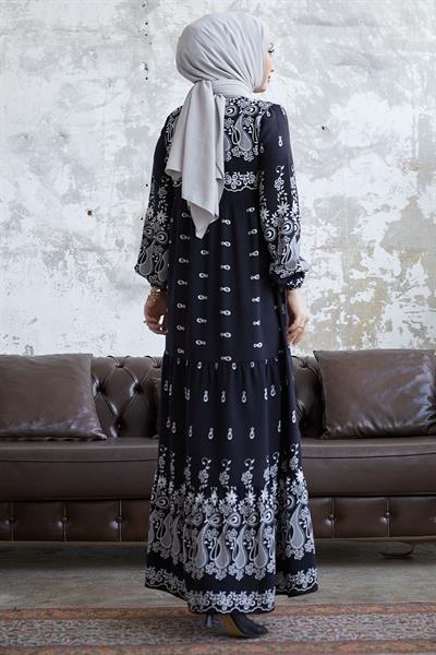 Selva Önü Püsküllü Desenli Siyah Viskon Elbise