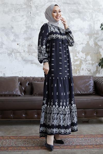 Selva Önü Püsküllü Desenli Siyah Viskon Elbise