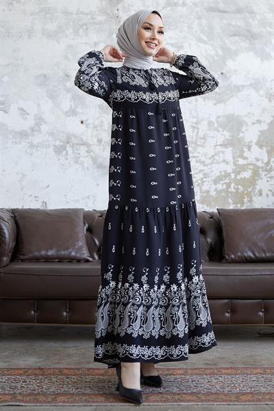 Selva Önü Püsküllü Desenli Siyah Viskon Elbise