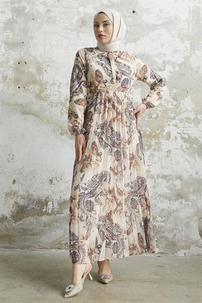 Serena Çiçek Desen Piliseli Ekru Şifon Elbise