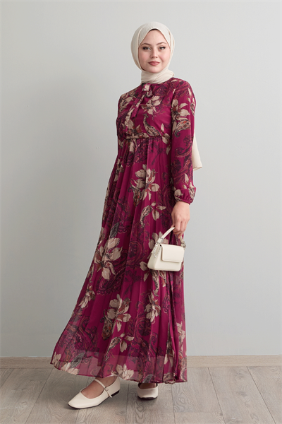 Serena Çiçek Desen Piliseli Fuşya Şifon Elbise