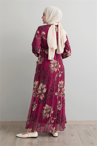 Serena Çiçek Desen Piliseli Fuşya Şifon Elbise