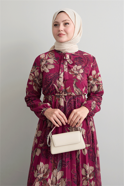 Serena Çiçek Desen Piliseli Fuşya Şifon Elbise