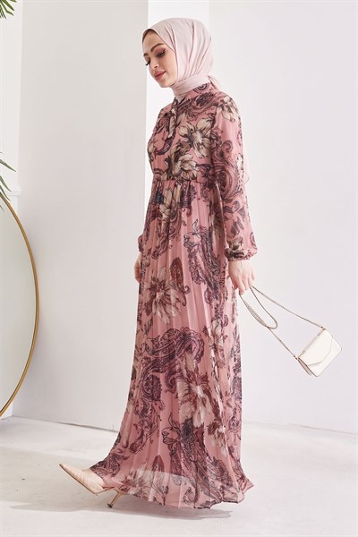 Serena Çiçek Desen Piliseli Gül Kurusu Şifon Elbise
