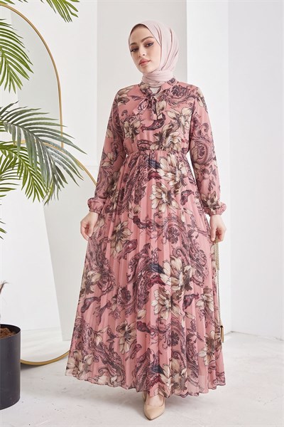 Serena Çiçek Desen Piliseli Gül Kurusu Şifon Elbise