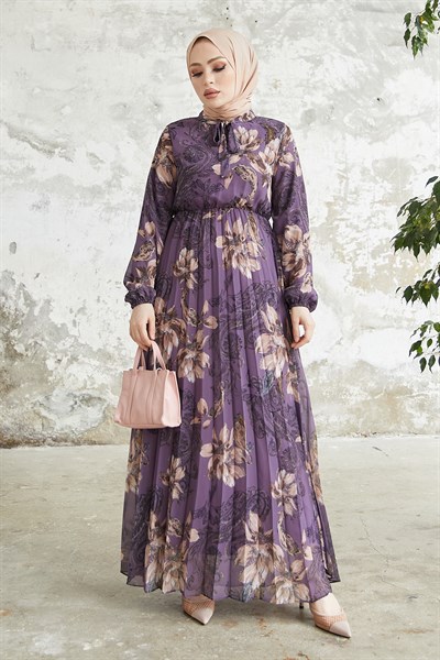 Serena Çiçek Desen Piliseli Mor Şifon Elbise