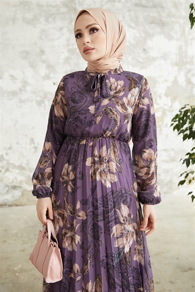 Serena Çiçek Desen Piliseli Mor Şifon Elbise