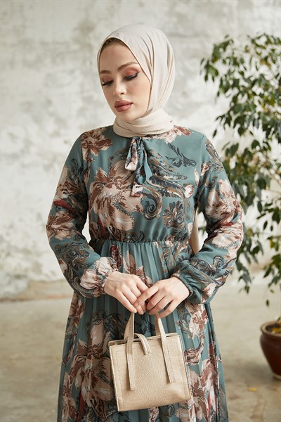 Serena Floral Pattern Pleated Petrol Green Chiffon Dress