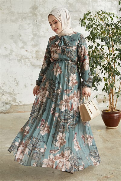 Serena Floral Pattern Pleated Petrol Green Chiffon Dress