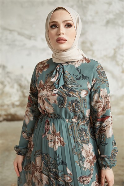 Serena Floral Pattern Pleated Petrol Green Chiffon Dress