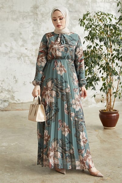 Serena Floral Pattern Pleated Petrol Green Chiffon Dress