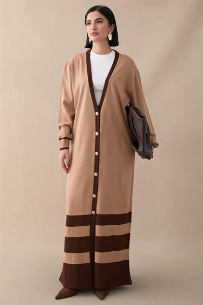 Şerit Detay Uzun Camel Triko Hırka