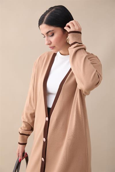 Şerit Detay Uzun Camel Triko Hırka