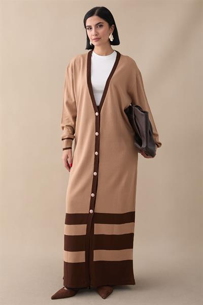 Şerit Detay Uzun Camel Triko Hırka