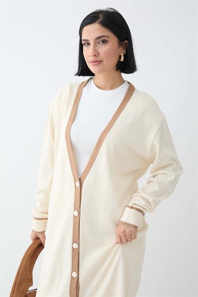 Şerit Detay Uzun Ekru Triko Hırka