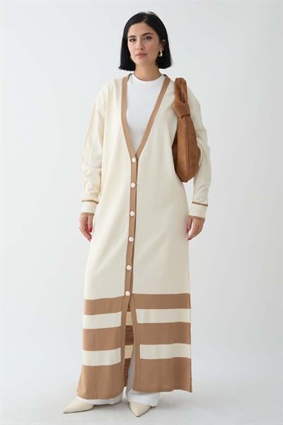 Şerit Detay Uzun Ekru Triko Hırka