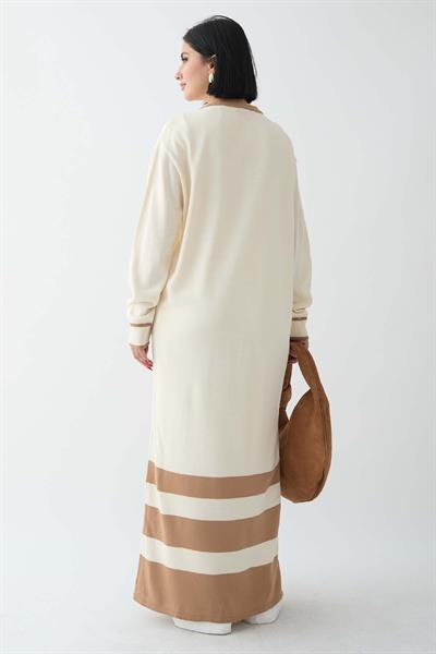 Şerit Detay Uzun Ekru Triko Hırka