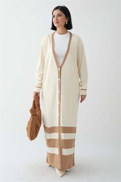 Şerit Detay Uzun Ekru Triko Hırka