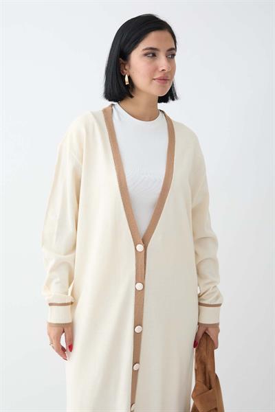 Şerit Detay Uzun Ekru Triko Hırka