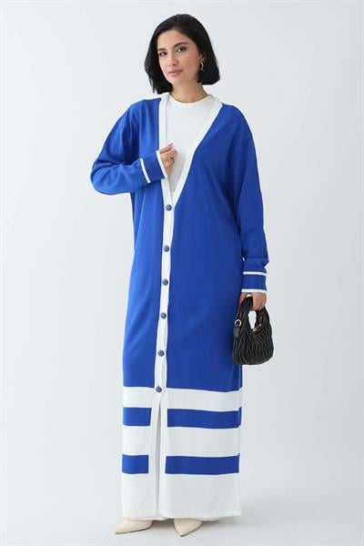 Şerit Detay Uzun Saks Mavisi Triko Hırka