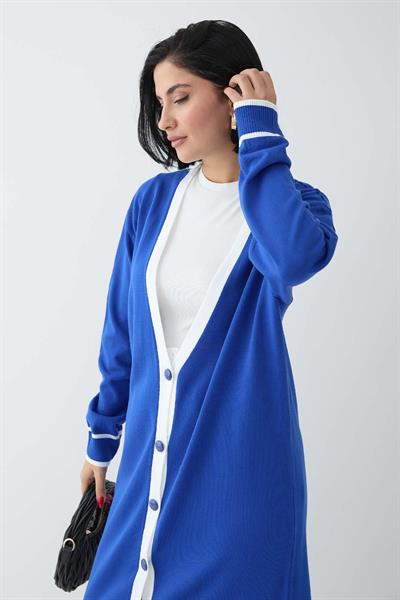 Şerit Detay Uzun Saks Mavisi Triko Hırka