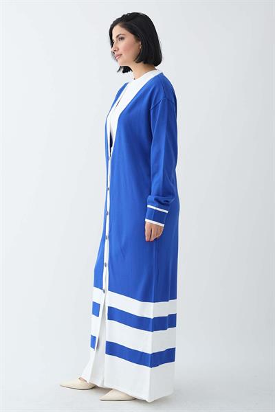 Şerit Detay Uzun Saks Mavisi Triko Hırka