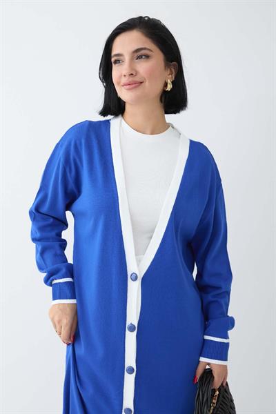 Şerit Detay Uzun Saks Mavisi Triko Hırka