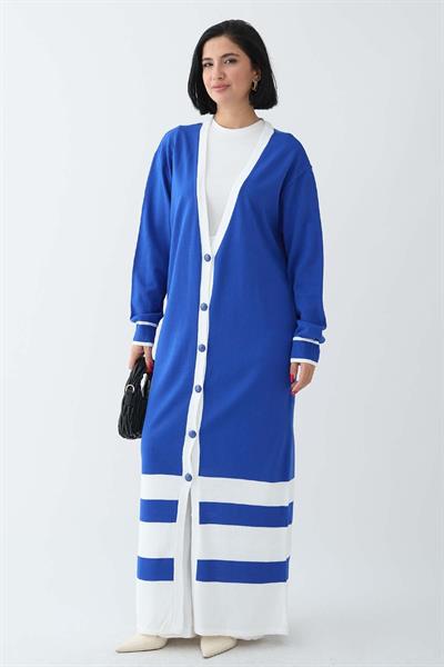 Şerit Detay Uzun Saks Mavisi Triko Hırka