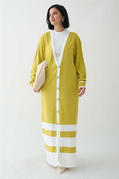 Şerit Detay Uzun Sarı Triko Hırka