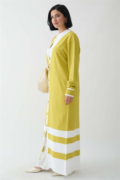 Şerit Detay Uzun Sarı Triko Hırka