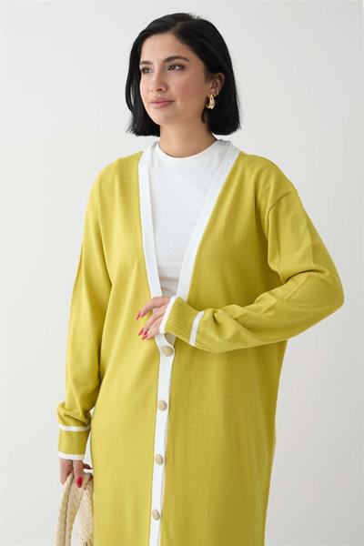 Şerit Detay Uzun Sarı Triko Hırka