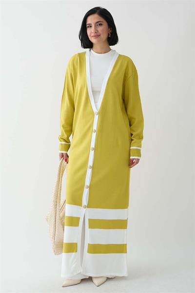 Şerit Detay Uzun Sarı Triko Hırka