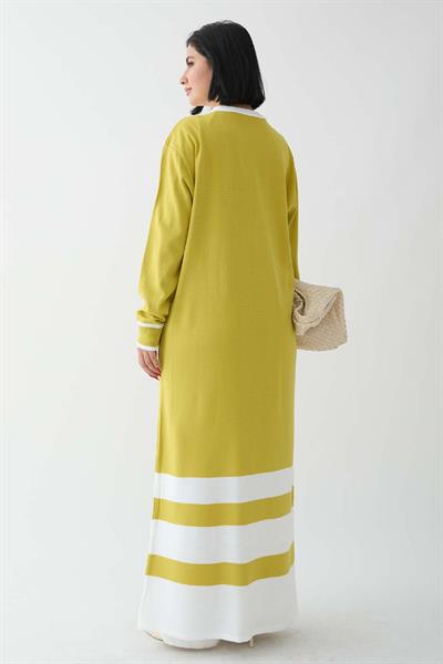 Şerit Detay Uzun Sarı Triko Hırka