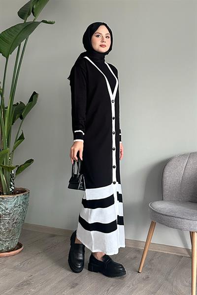 Şerit Detay Uzun Siyah Triko Hırka