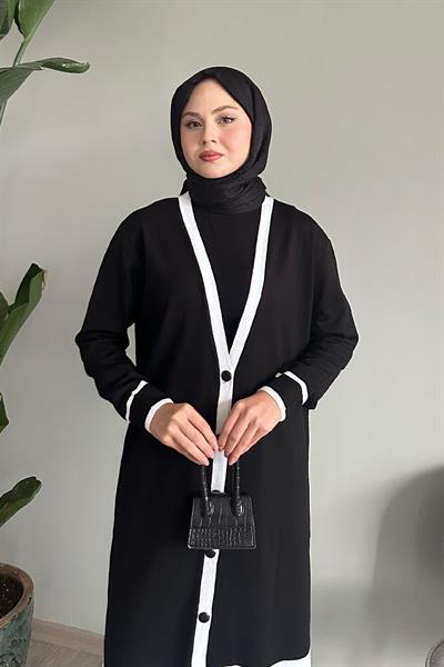 Şerit Detay Uzun Siyah Triko Hırka