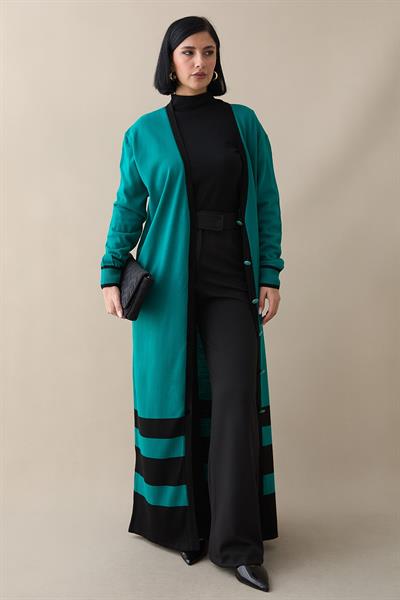 Şerit Detay Uzun Zümrüt Yeşili Triko Hırka