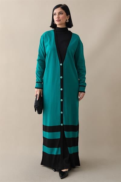 Şerit Detay Uzun Zümrüt Yeşili Triko Hırka