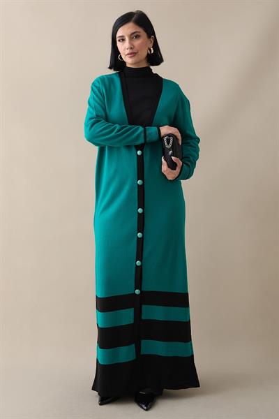 Şerit Detay Uzun Zümrüt Yeşili Triko Hırka